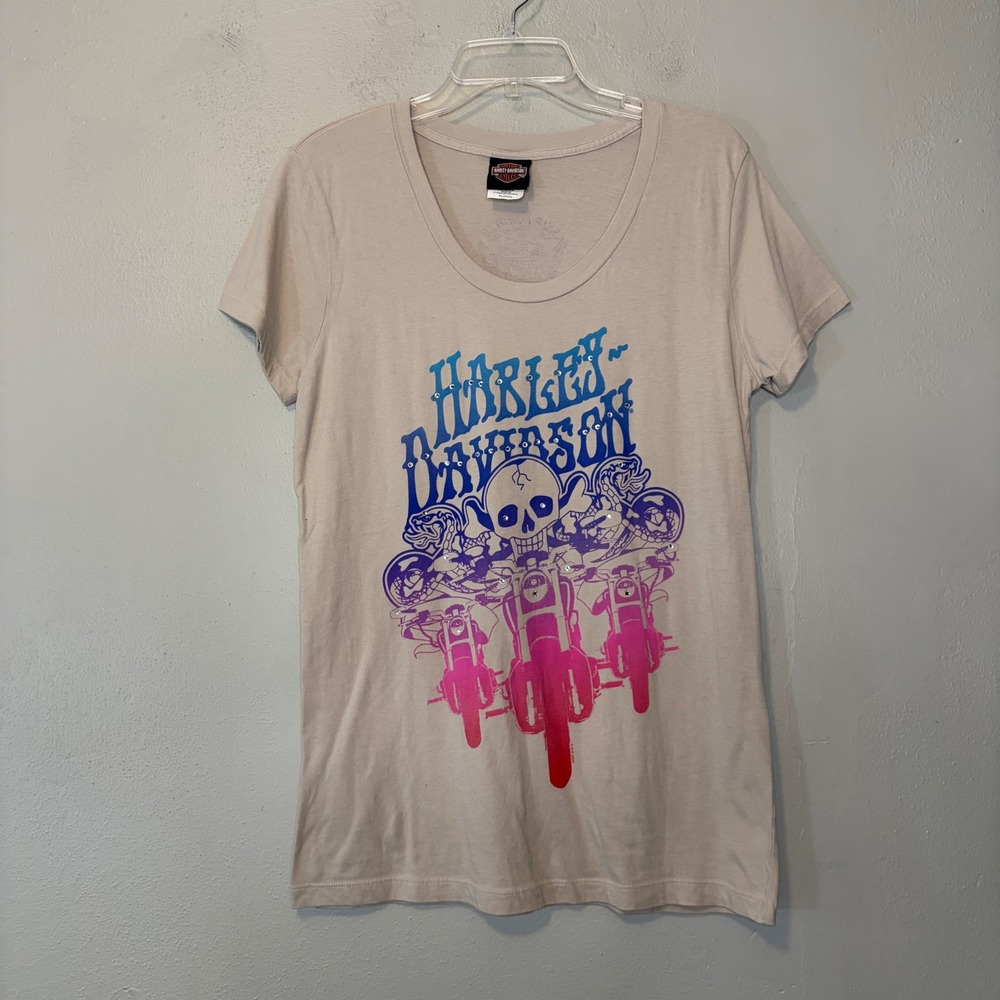 Harley-Davidson Womens XL Tan Graphic Tee Skull Rhinestone Skip Fordyce 2009